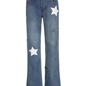 ETATNG Womens Star Print High Waist Baggy Cargo Jeans with Slant Pocket Vintage Y2K Straight Leg Distressed Denim Blue L