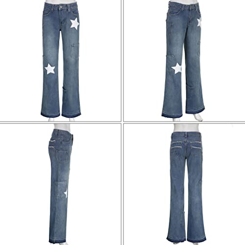 ETATNG Womens Star Print High Waist Baggy Cargo Jeans with Slant Pocket Vintage Y2K Straight Leg Distressed Denim Blue L