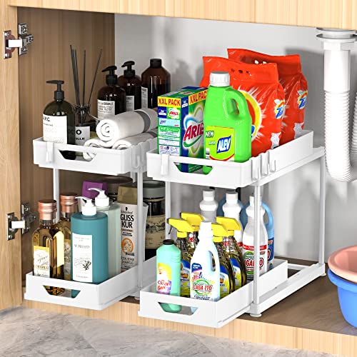 Under Sink Organizers and Storage 2 Pack, Pull-out Large Capacity Under Bathroom and Kitchen Cabinet Storage Drawer Organizer with Hooks, Multi-purpose Under Sink Shelf Organizer, White