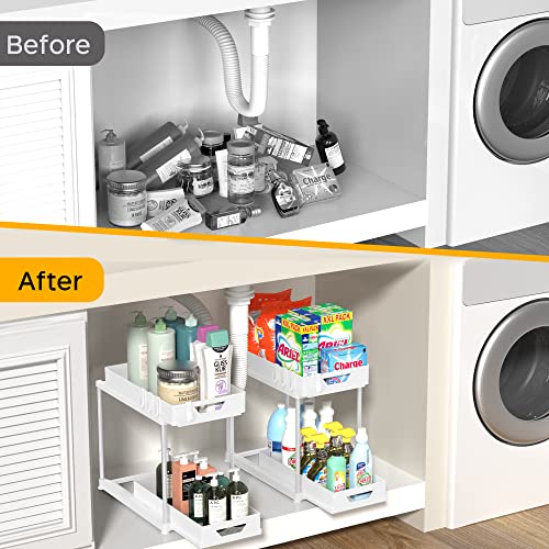 Under Sink Organizers and Storage 2 Pack, Pull-out Large Capacity Under Bathroom and Kitchen Cabinet Storage Drawer Organizer with Hooks, Multi-purpose Under Sink Shelf Organizer, White