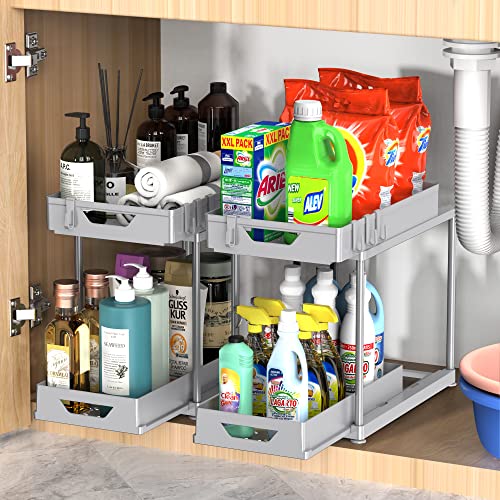 Under Sink Organizers and Storage 2 Pack, Pull-out Large Capacity Under Bathroom and Kitchen Cabinet Storage Drawer Organizer with Hooks, Multi-purpose Under Sink Shelf Organizer, Grey