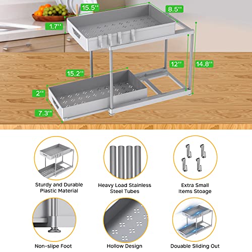 Under Sink Organizers and Storage 2 Pack, Pull-out Large Capacity Under Bathroom and Kitchen Cabinet Storage Drawer Organizer with Hooks, Multi-purpose Under Sink Shelf Organizer, Grey