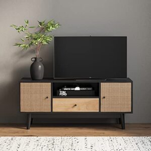 nathan james bonnie modern tv stand entertainment cabinet, console with a natural wood finish with storage doors for living media room, with drawer, black oak/rattan