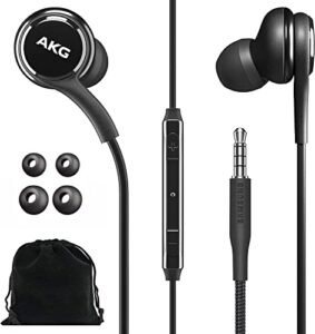 samsung akg wired earbuds original 3.5mm in-ear earbud headphones with remote & microphone for music, phone calls, work - noise isolating deep bass, includes velvet carrying pouch - black