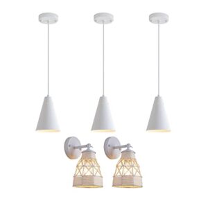 white pendant lights kitchen island 3 pack with metal shade, adjustable cord,white wall sconces set of 2, bohemian modern light fixtures, farmhouse hemp rope woven light for bar,sink,bedroom,hallway
