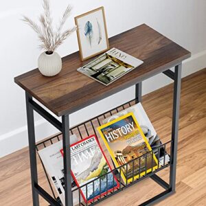 Unglehome End Table, Narrow Nightstand, Skinny Bedside Tables, Small Side Table for Small Spaces with Magazine Holder Rustic Slim Little Thin Table for Living Room, Bedroom, Sofa-Walnut