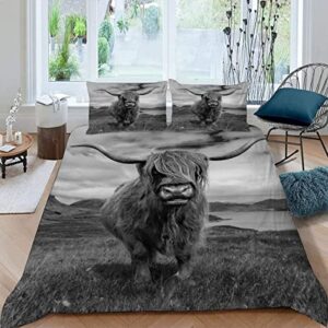 quilt cover twin size scottish highland cattle 3d bedding sets cow, animal duvet cover breathable hypoallergenic stain wrinkle resistant microfiber with zipper closure,beding set with 2 pillowcase