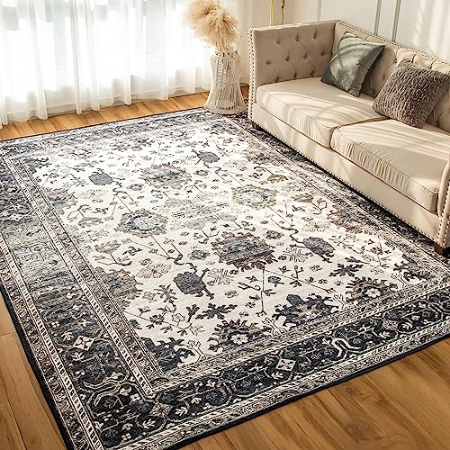 VK VK·LIVING Washable Rug 5x7 Area Rug for Living Room Bedroom Rug Lightweight Large Area Rug Thin Vintage Rug No Smell Machine Washable Rug for Dining Room Home Kitchen, Darkgrey&Olive Green