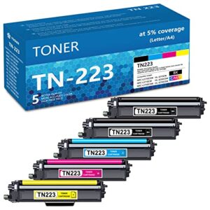 yoisner tn-223 tn223 toner 2 black 1 cyan 1 magenta 1 yellow compatible tn 223 toner cartridge replacement for brother hl-3210cw mfc-l3770cdw mfc-l3710cw mfc-l3750cdw mfc-l3730cdw printer 5 pack