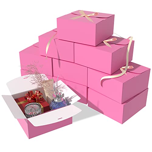 GINLEBO Pink Gift Boxes with Lids 10 Pack – Kraft Paper 8"x8"x4” Small Gift Box Set with Ribbons and Stickers – Groomsmen Bridesmaid Proposal Box – Present Box for Birthday, Wedding, Xmas