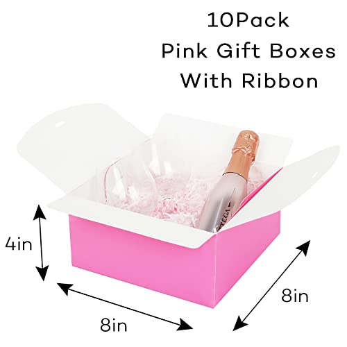 GINLEBO Pink Gift Boxes with Lids 10 Pack – Kraft Paper 8"x8"x4” Small Gift Box Set with Ribbons and Stickers – Groomsmen Bridesmaid Proposal Box – Present Box for Birthday, Wedding, Xmas