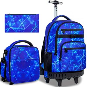 rolling backpack for boys, 21 inch roller wheeled elementary backpacks for students school, water resistant teens bookbag sets with wheels - blue