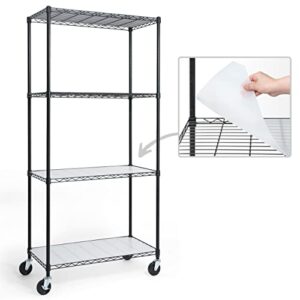 caphaus nsf commercial grade heavy duty wire shelving w/wheels, leveling feet & liners, storage metal shelf, garage shelving storage, utility wire rack storage shelves, w/liner, 36 x 18 x 76 4-tier