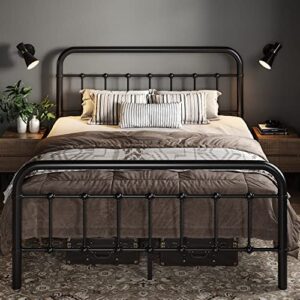 allewie full size metal platform bed frame with victorian style wrought iron-art headboard/footboard, no box spring required，black