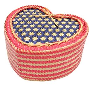bamboo sticky rice serving basket 6.2 x 5.2 inch, kratip, intricately woven container, heart-shaped, elephant weave pattern, blue, thailand handmade, dyed with natural based (american flag)