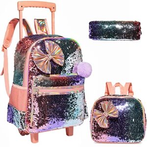 kids rolling kid travel toddler duffle bag bow tie backpack for girls carry on luggage roller computer suitcase with pencil case and lunch box wheels wheeled sequins backpacks girls gradient champagne
