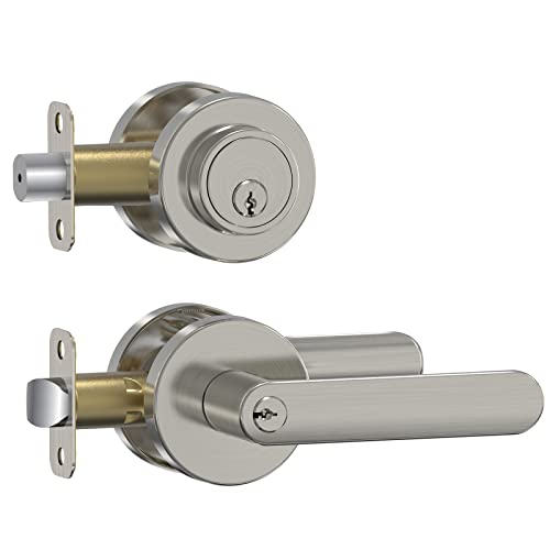 BAOLONG Entry Door Knob and Single Cylinder Deadbolt Lock Comboset,Brushed Nickel Round Locking Lever Handle Set Reversible for Right or Left Door