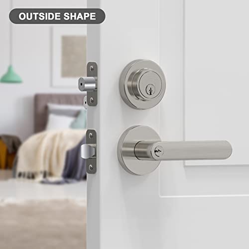 BAOLONG Entry Door Knob and Single Cylinder Deadbolt Lock Comboset,Brushed Nickel Round Locking Lever Handle Set Reversible for Right or Left Door