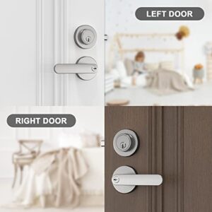 BAOLONG Entry Door Knob and Single Cylinder Deadbolt Lock Comboset,Brushed Nickel Round Locking Lever Handle Set Reversible for Right or Left Door