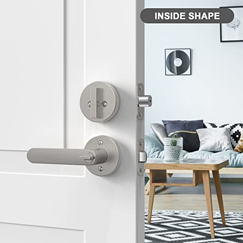 BAOLONG Entry Door Knob and Single Cylinder Deadbolt Lock Comboset,Brushed Nickel Round Locking Lever Handle Set Reversible for Right or Left Door