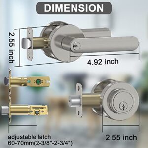 BAOLONG Entry Door Knob and Single Cylinder Deadbolt Lock Comboset,Brushed Nickel Round Locking Lever Handle Set Reversible for Right or Left Door