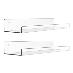 upsimples clear acrylic shelves for wall storage, 15" acrylic floating shelves wall mounted, kids bookshelf, display ledge wall shelves for bedroom, living room, bathroom, kitchen, set of 2