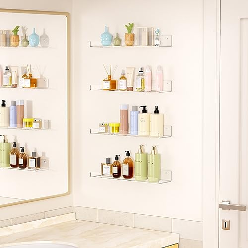 upsimples Clear Acrylic Shelves for Wall Storage, 15" Acrylic Floating Shelves Wall Mounted, Kids Bookshelf, Display Ledge Wall Shelves for Bedroom, Living Room, Bathroom, Kitchen, Set of 2