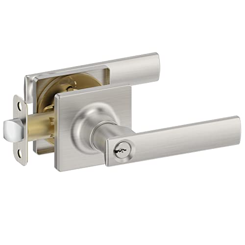 BAOLONG Square Entry Door Levers Locksets in Brushed Nickel,Door Knob with Lock for Bedroom or Front Door Interior Heavy Duty Door Handle.