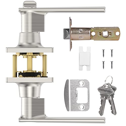 BAOLONG Square Entry Door Levers Locksets in Brushed Nickel,Door Knob with Lock for Bedroom or Front Door Interior Heavy Duty Door Handle.