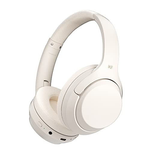 iKF-T1 Pro Wireless Wired Headphones Call Noise Cancelling Bluetooth Headset Bass Stereo Sound 100 Hours Using Time Built-in Microphone Pairing 2 Devices Compatible iOS/Android (Off-White)