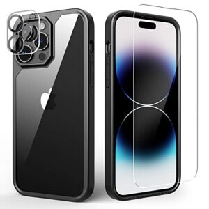 LEKEVO for iPhone 14 Pro Max Case, Soft Silicone Edges + Hard Clear Back Cover, w/Dust Cover & Screen & Camera Lens Protector, Slim Shockproof Phone Case, Black