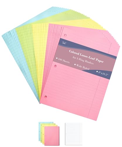 Mr. Pen- Colored Loose Leaf Paper Wide Ruled, 100 Sheets, 8” x 10.5”, 3- Hole Punched, Notebook Paper, Lined Paper, Binder Paper, Writing Paper, Filler Paper, Wide Ruled Notebook Paper