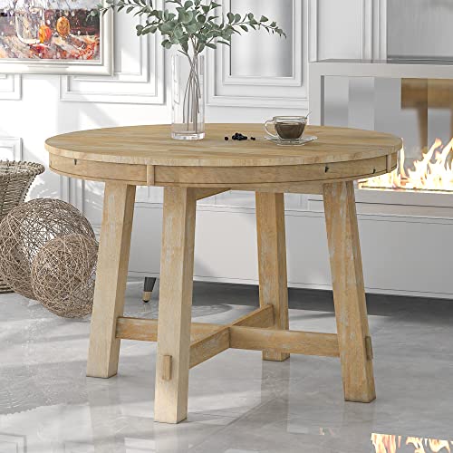 P PURLOVE Round Dining Table, Farmhouse Round Extendable Dining Table with 16" Leaf Wood Kitchen Table (Natural Wood Wash)