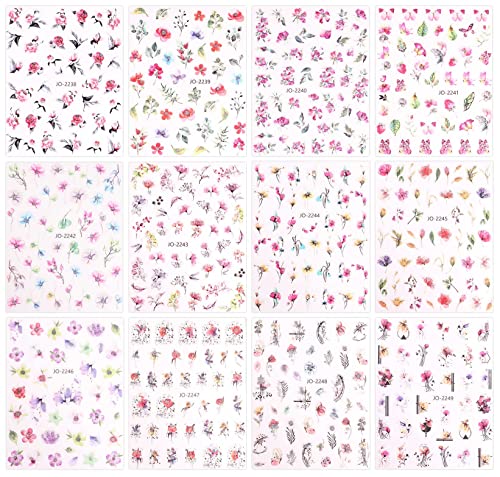 JMEOWIO 12 Sheets Spring Flower Nail Art Stickers Decals Self-Adhesive Pegatinas Uñas Leaves Nail Supplies Nail Art Design Decoration Accessories