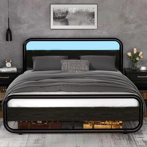 HOMBCK Full Size Bed Frame with Headboard, Metal Bed Frame Full with LED Lights, Heavy Duty Metal Slats, No Box Spring Needed, Noise Free, Easy Assembly, Black