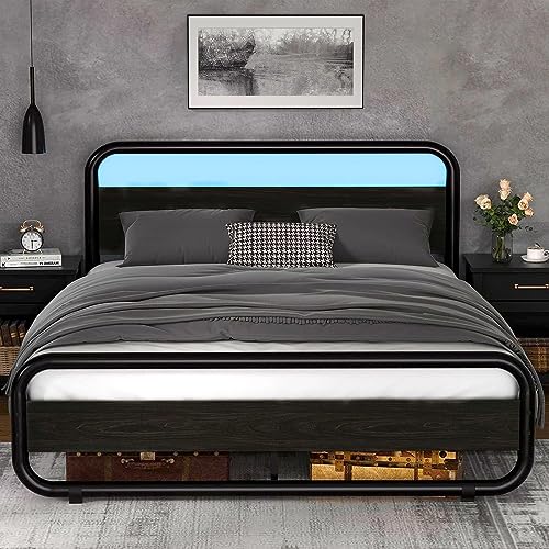 HOMBCK Full Size Bed Frame with Headboard, Metal Bed Frame Full with LED Lights, Heavy Duty Metal Slats, No Box Spring Needed, Noise Free, Easy Assembly, Black