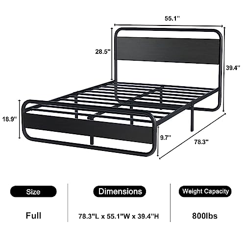 HOMBCK Full Size Bed Frame with Headboard, Metal Bed Frame Full with LED Lights, Heavy Duty Metal Slats, No Box Spring Needed, Noise Free, Easy Assembly, Black