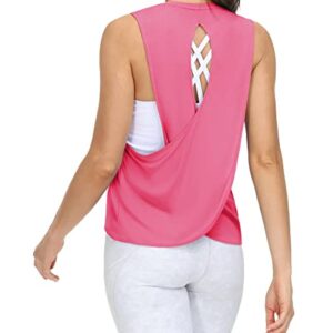 THE GYM PEOPLE Women's Open Cross Back Workout Tank Tops Loose Fit Sleeveless Yoga Running Shirts Bright Pink