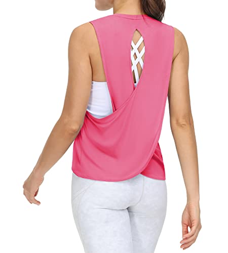 THE GYM PEOPLE Women's Open Cross Back Workout Tank Tops Loose Fit Sleeveless Yoga Running Shirts Bright Pink