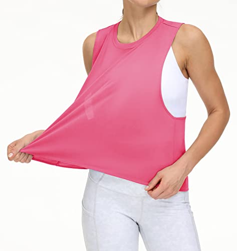 THE GYM PEOPLE Women's Open Cross Back Workout Tank Tops Loose Fit Sleeveless Yoga Running Shirts Bright Pink