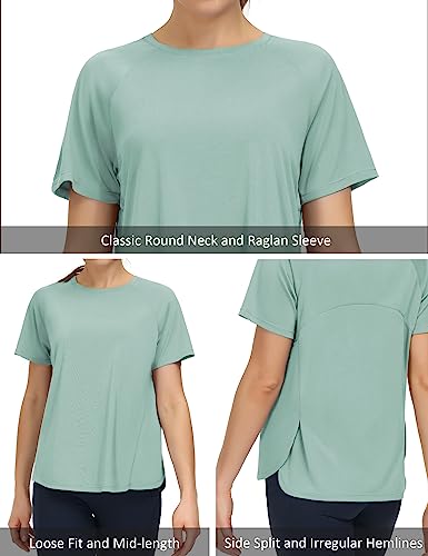 THE GYM PEOPLE Women's Short Sleeve Workout Shirts Breathable Yoga T-Shirts with Side Slits Athletic Tee Tops Light Green