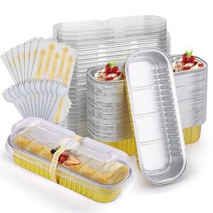 Bigmeta Mini Loaf Pans with Lids and Spoons- 50 Pack 6.8oz Aluminum Bread Cupcake Pie Foil Pans with Sealing Sticker, Rectangle Disposable Cake Tins Brownie Baking Cups for Picnics Party- Gold