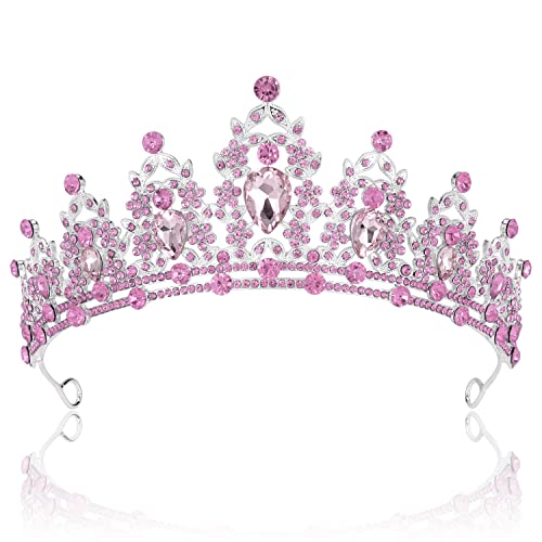 SuPoo Pink Crown Tiaras for Girls Crystal Princess Crown Headband Birthday Queen Rhinestone Birthday Gift Quinceanera Crown for Wedding Party Prom Halloween Cosplay Accessories