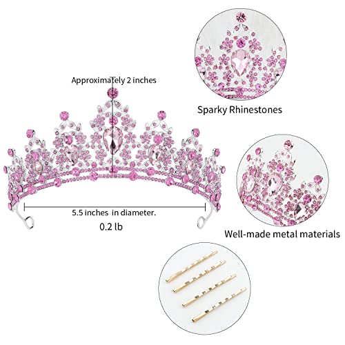 SuPoo Pink Crown Tiaras for Girls Crystal Princess Crown Headband Birthday Queen Rhinestone Birthday Gift Quinceanera Crown for Wedding Party Prom Halloween Cosplay Accessories