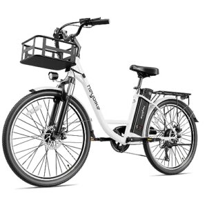 heybike cityscape electric bike 350w city cruiser bicycle up to 40 miles removable battery, 7-speed and dual shock absorber, 26/'' commuter for adults, white