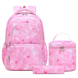 sunborls kawaii backpack cute butterfly exterior teen girls school bookbag with lunch pail pencil case 3pcs（pink）