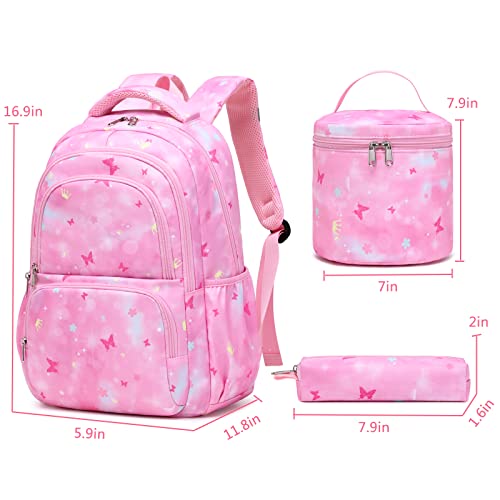 Sunborls Kawaii Backpack Cute Butterfly Exterior Teen Girls School Bookbag with Lunch Pail Pencil Case 3pcs（Pink）