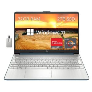 hp 2022 15.6" fhd laptop, amd ryzen 5-5500u processor, amd radeon graphics, 32gb ram, 2tb pcie ssd, hd webcam, bluetooth, wi-fi, win 11, blue, 32gb snowbell usb card