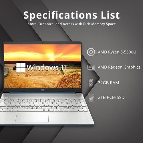 HP 2022 15.6" FHD Laptop, AMD Ryzen 5-5500U Processor, AMD Radeon Graphics, 32GB RAM, 2TB PCIe SSD, HD Webcam, Bluetooth, Wi-fi, Win 11, Blue, 32GB SnowBell USB Card