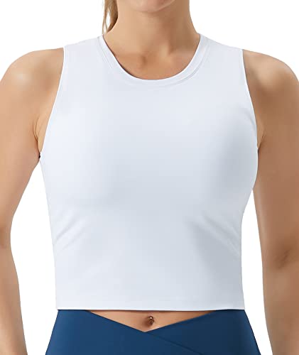 THE GYM PEOPLE Women's Medium Support Sports Bra Removable Padded Sleeveless Workout Crop Tops White